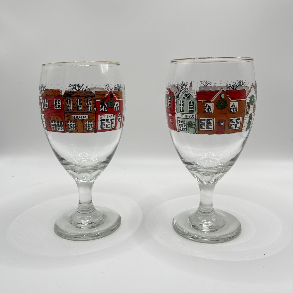 Vintage Libbey Christmas Town Winter Village Goblets Gold Rim Set of 2